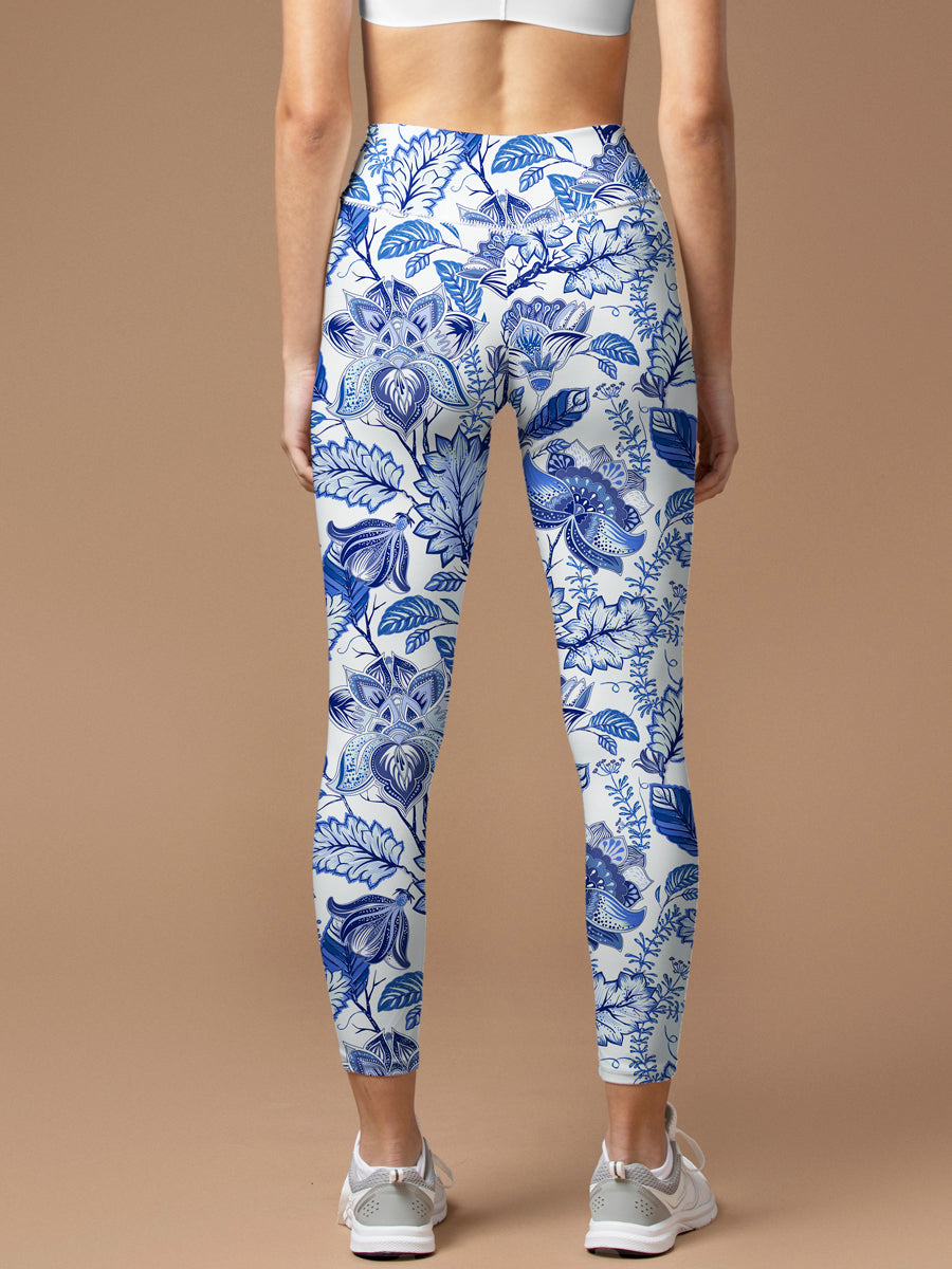 Flower blue and white vintage print breathable yoga leggings