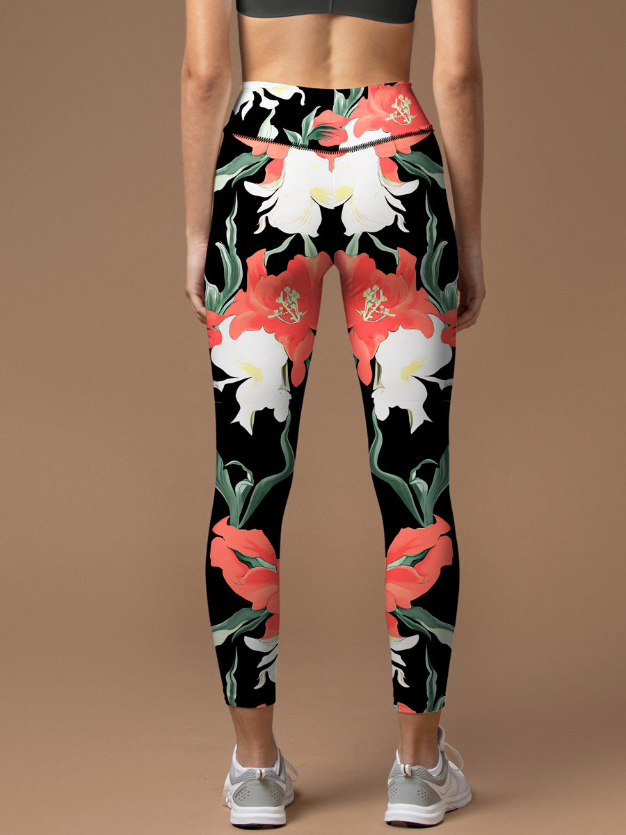 Flower white and red floral dark leggings