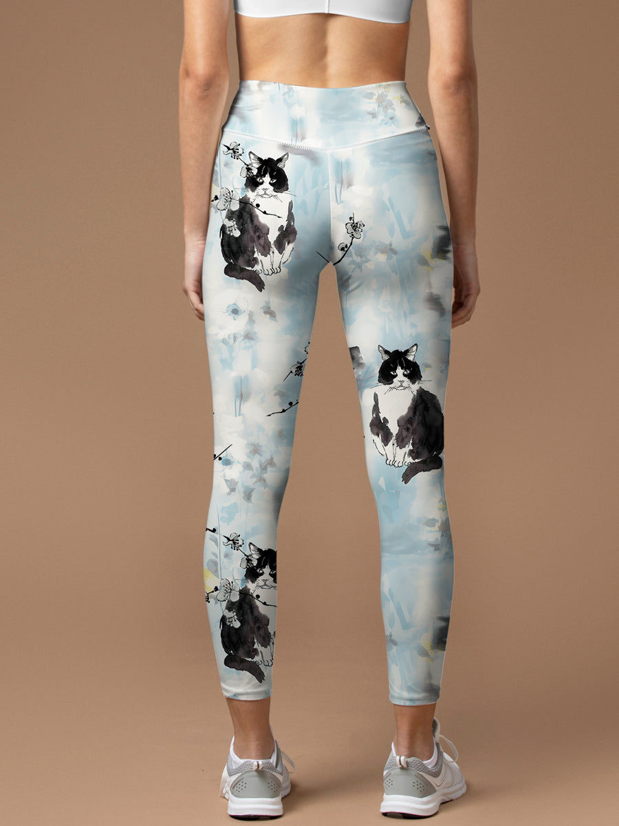 Animal ink painting cat plum blossom leggings