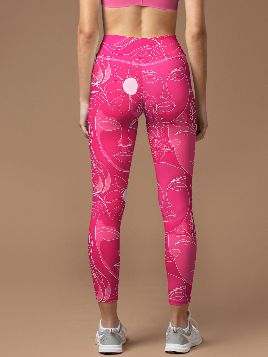 Minimalist line art face pattern rose pink leggings
