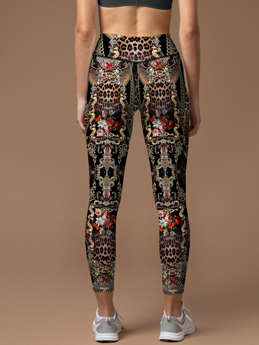 Animal leopard print gold ornaments flower design leggings