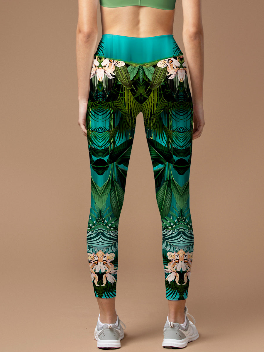 Botanical psychedelic green leaves flower leggings