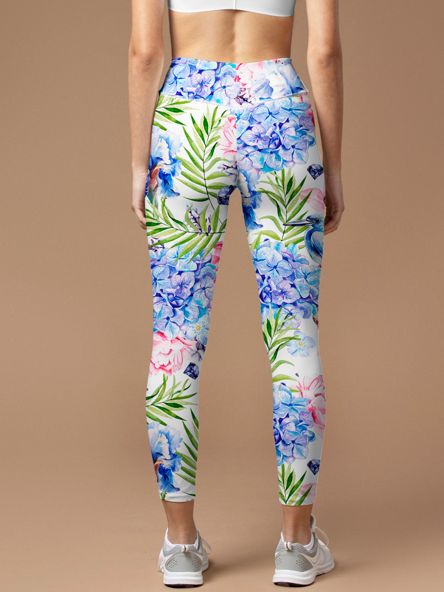 Flower watercolor palm leaves hydrangeas peony leggings