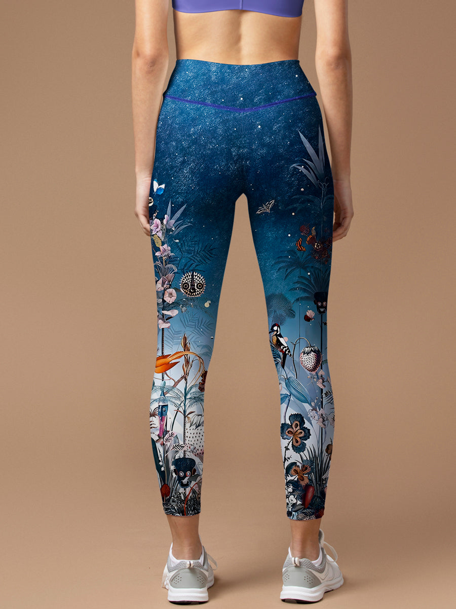 Botanical night sky flowers birds leggings