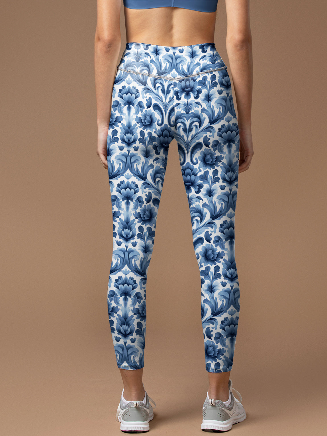 Vintage blue abstract floral lino cuts of leaves leggings