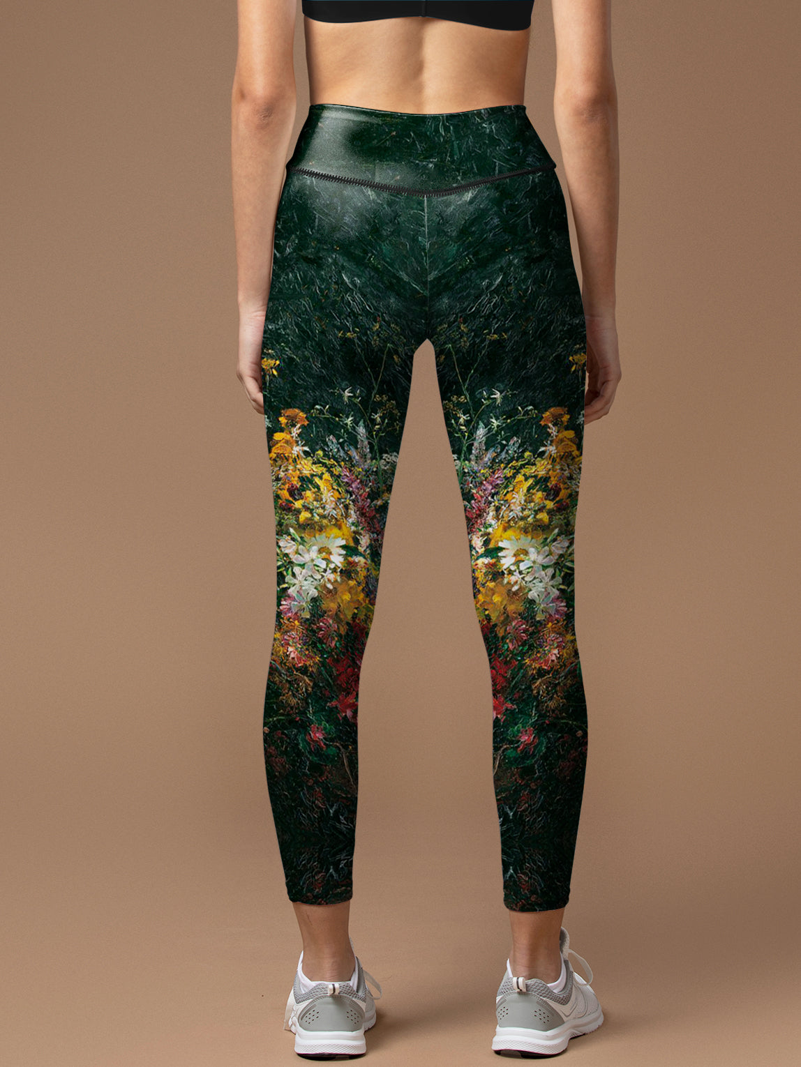 Colorful blooming wildflowers dark green leggings