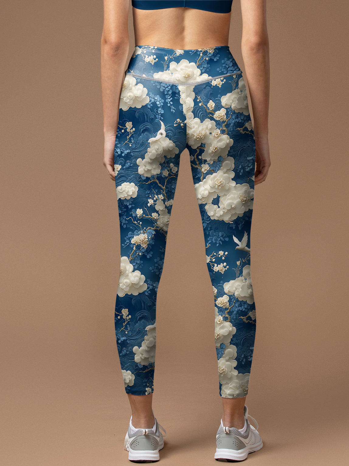 White cherry blossoms birds design leggings