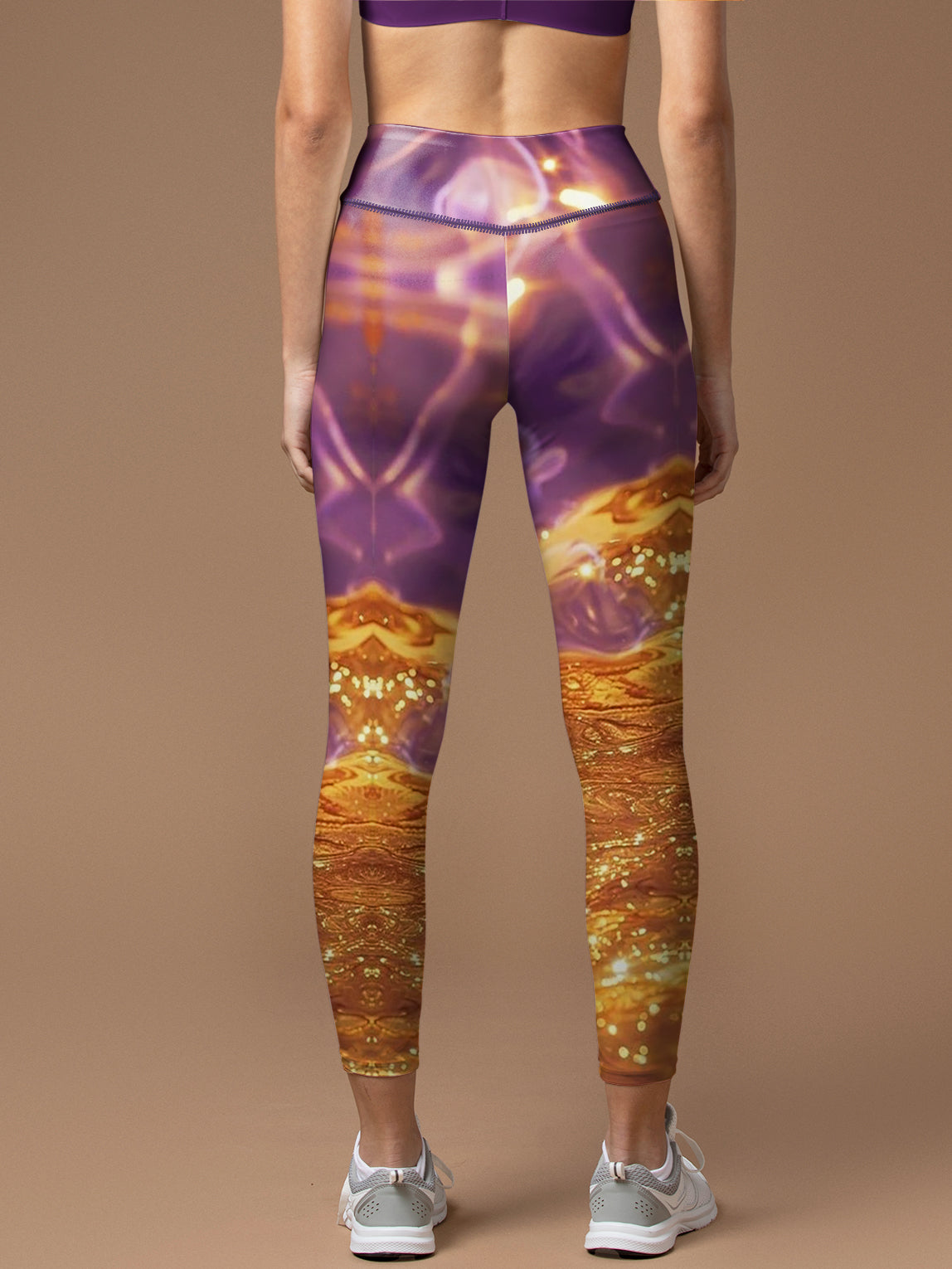 Water ripples with gold sunshine and purple captured leggings