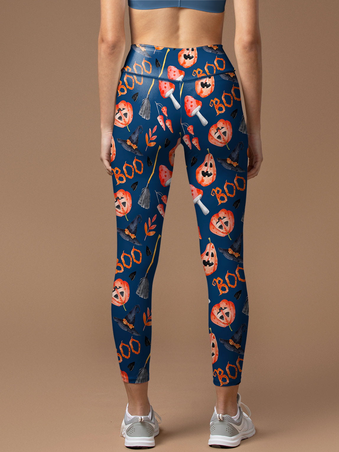 Halloween pumpkin broom dark blue leggings