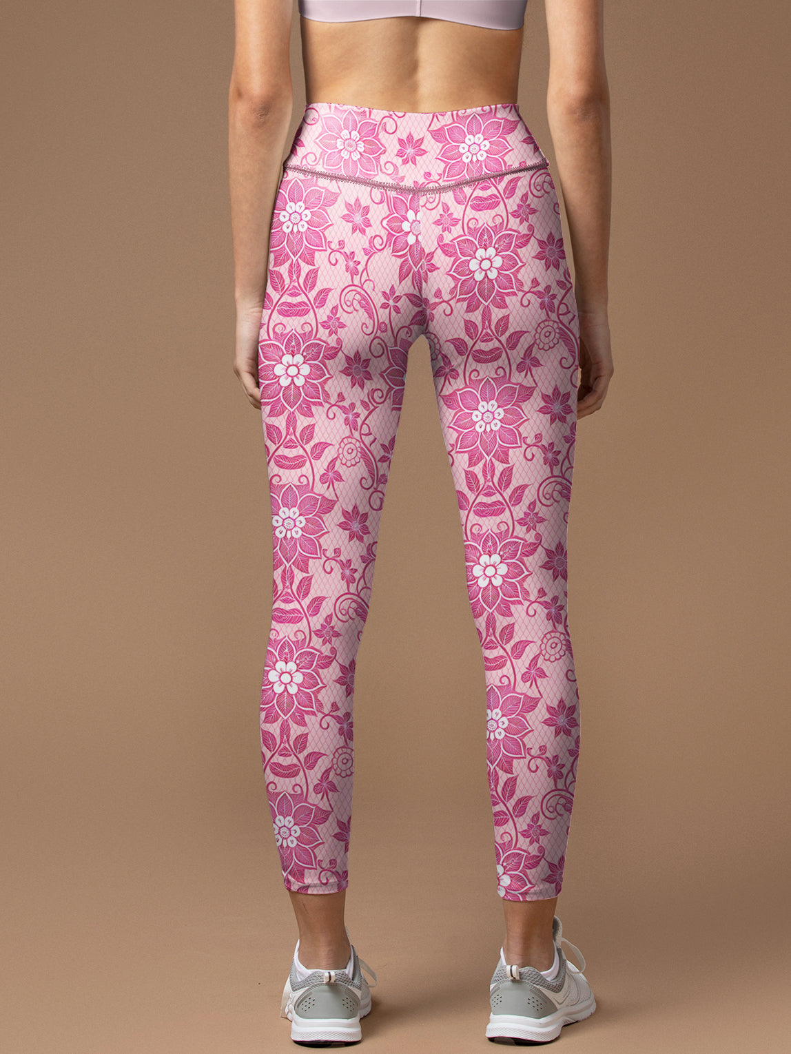 Seamless pink lace flower pattern leggings