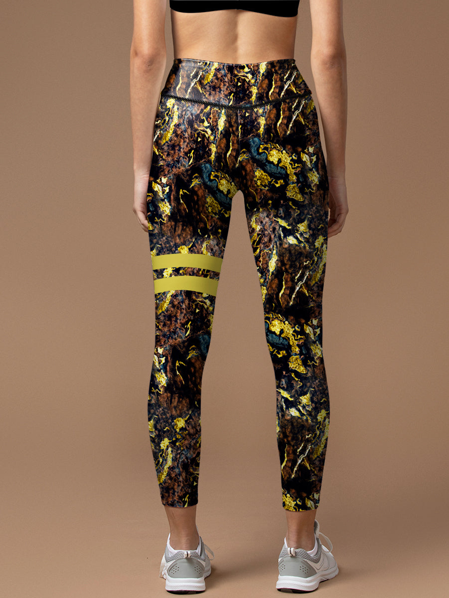 Gilt water ripple black brown marble print leggings
