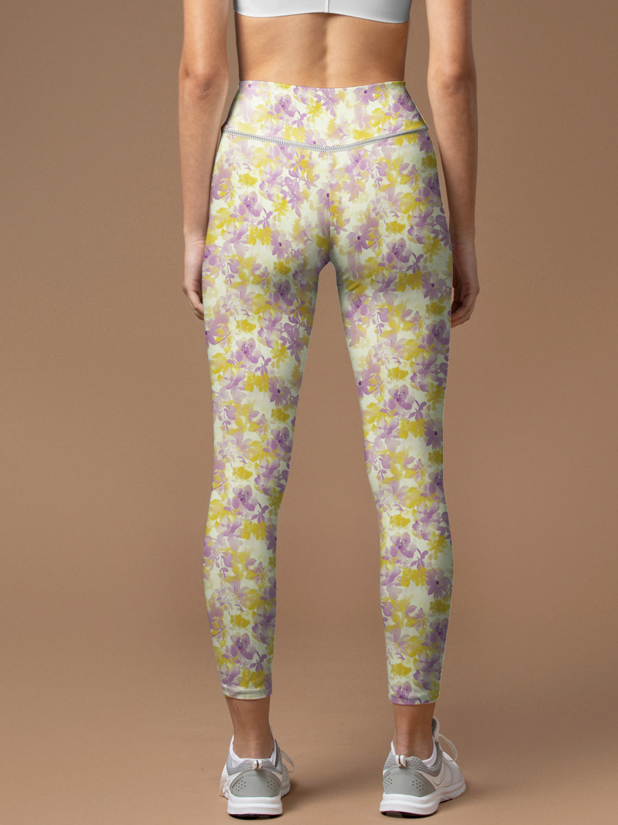 Pretty watercolor purple and yellow flowers leggings