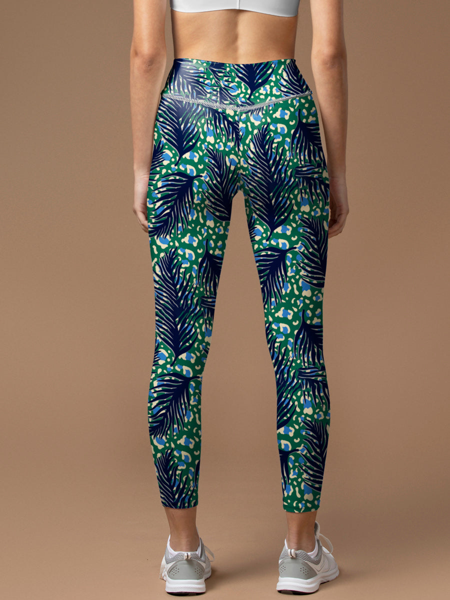 Blue feathers with leopard background leggings