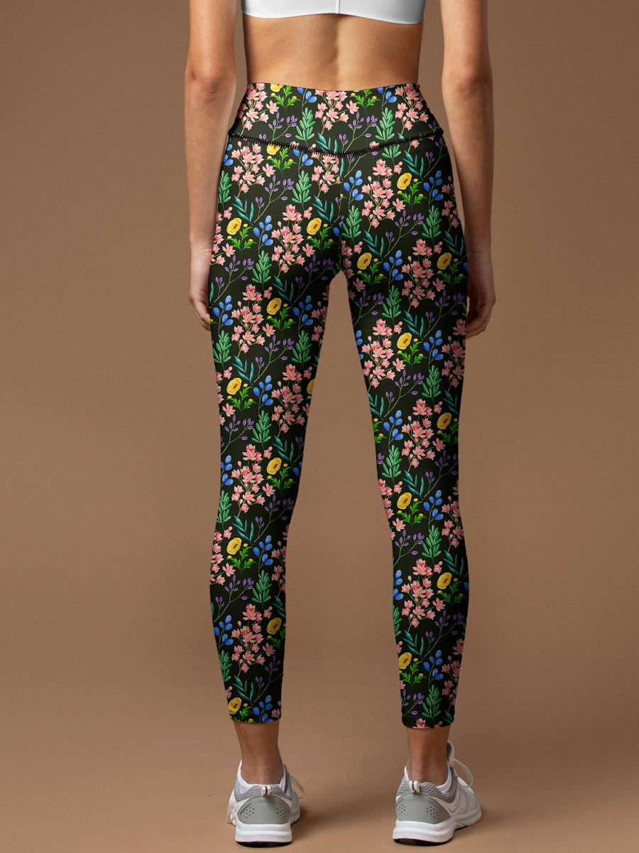 Hand painted watercolor botanical black leggings