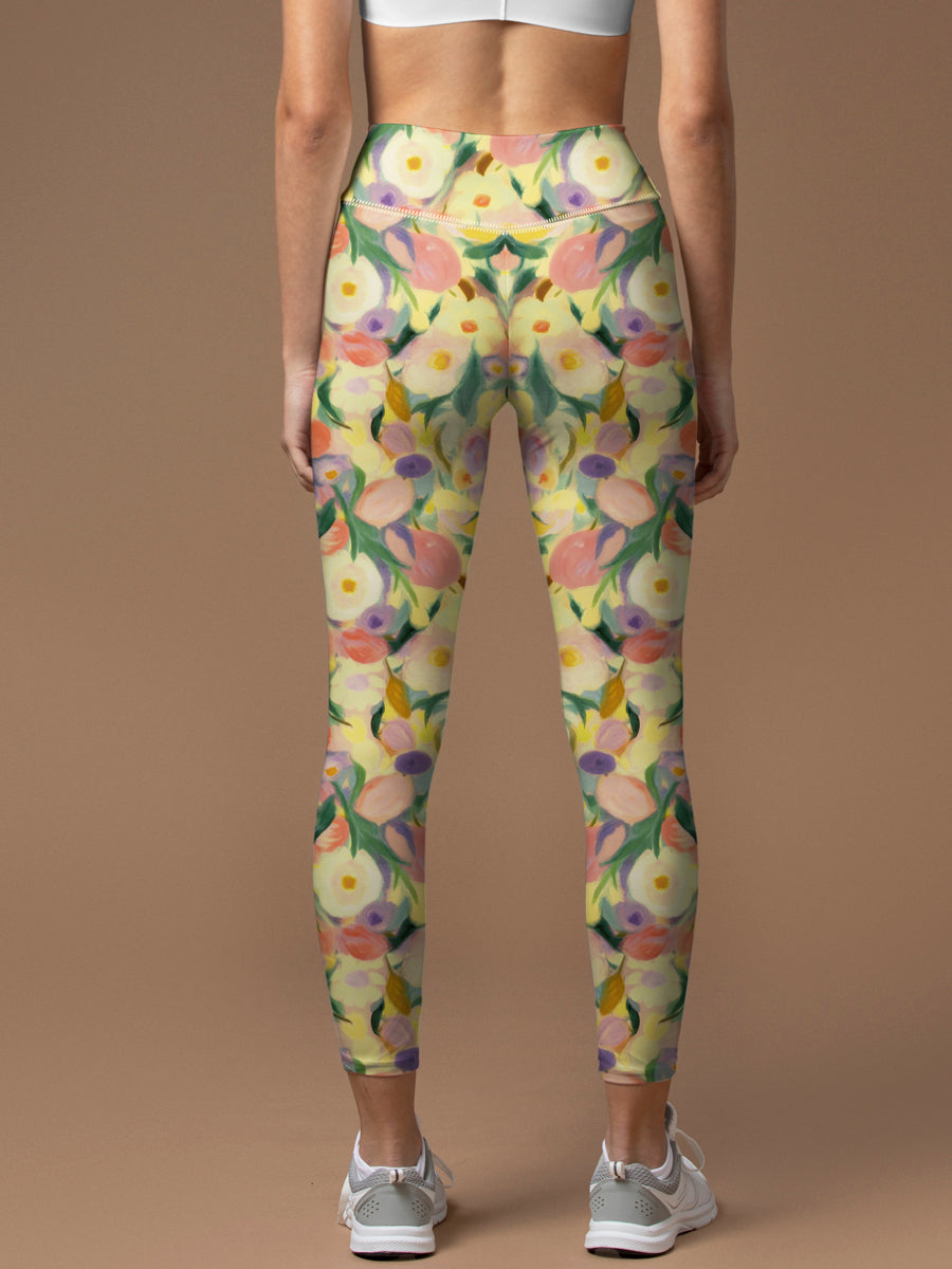 Abstract watercolor flowers yellow leggings