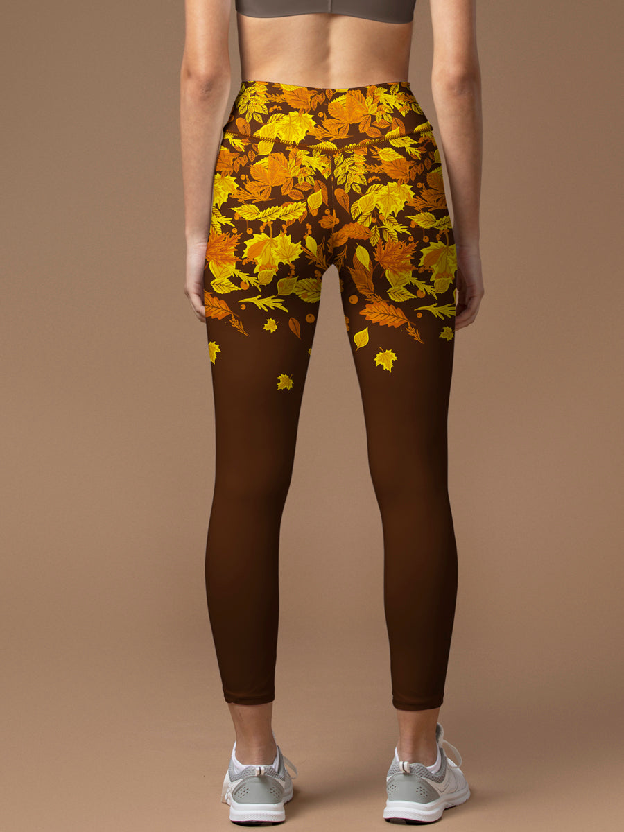 Botanical autumn falling maple leaves brown leggings