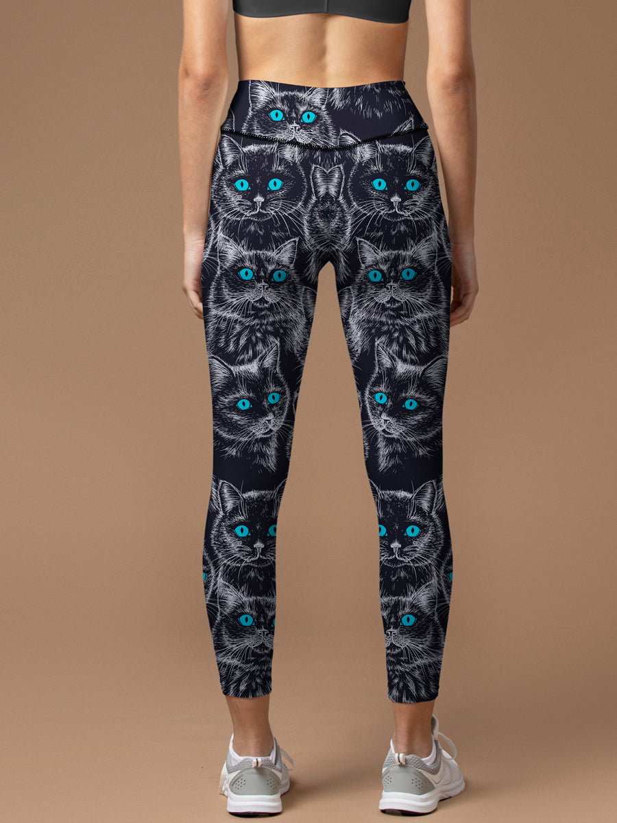 Animal black hand-painted cat with blue eyes leggings
