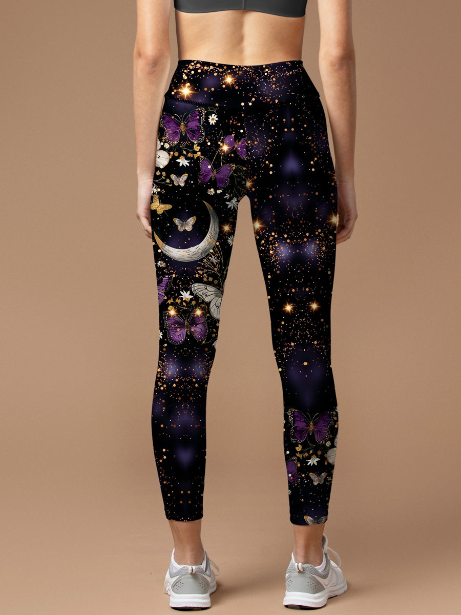 Colorful butterfly and moon bright watercolor galaxy leggings