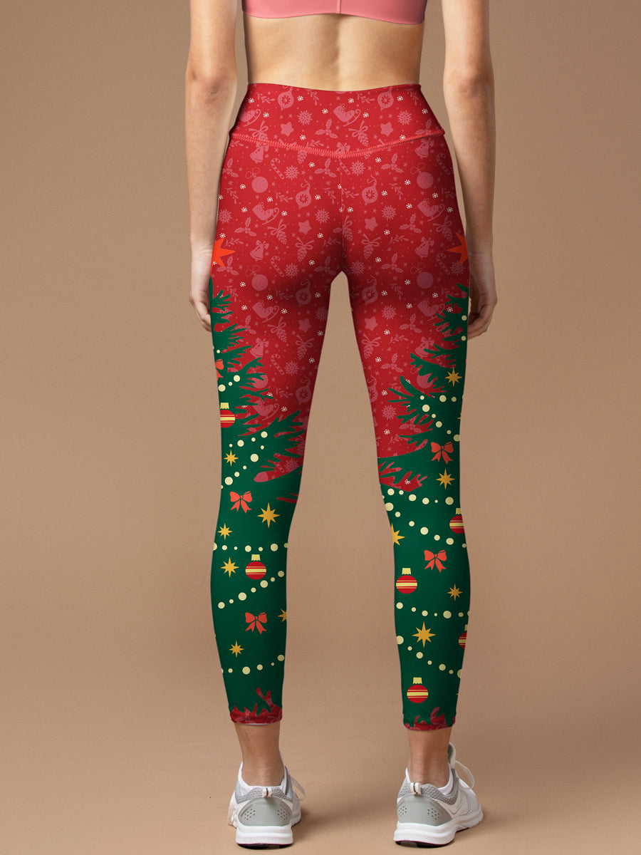 Christmas tree with ornaments on red background leggings