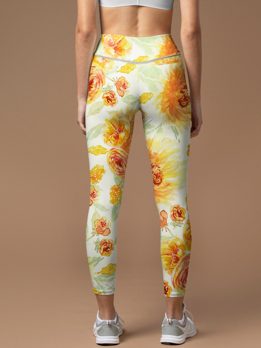 Flower yellow peonies watercolor leggings