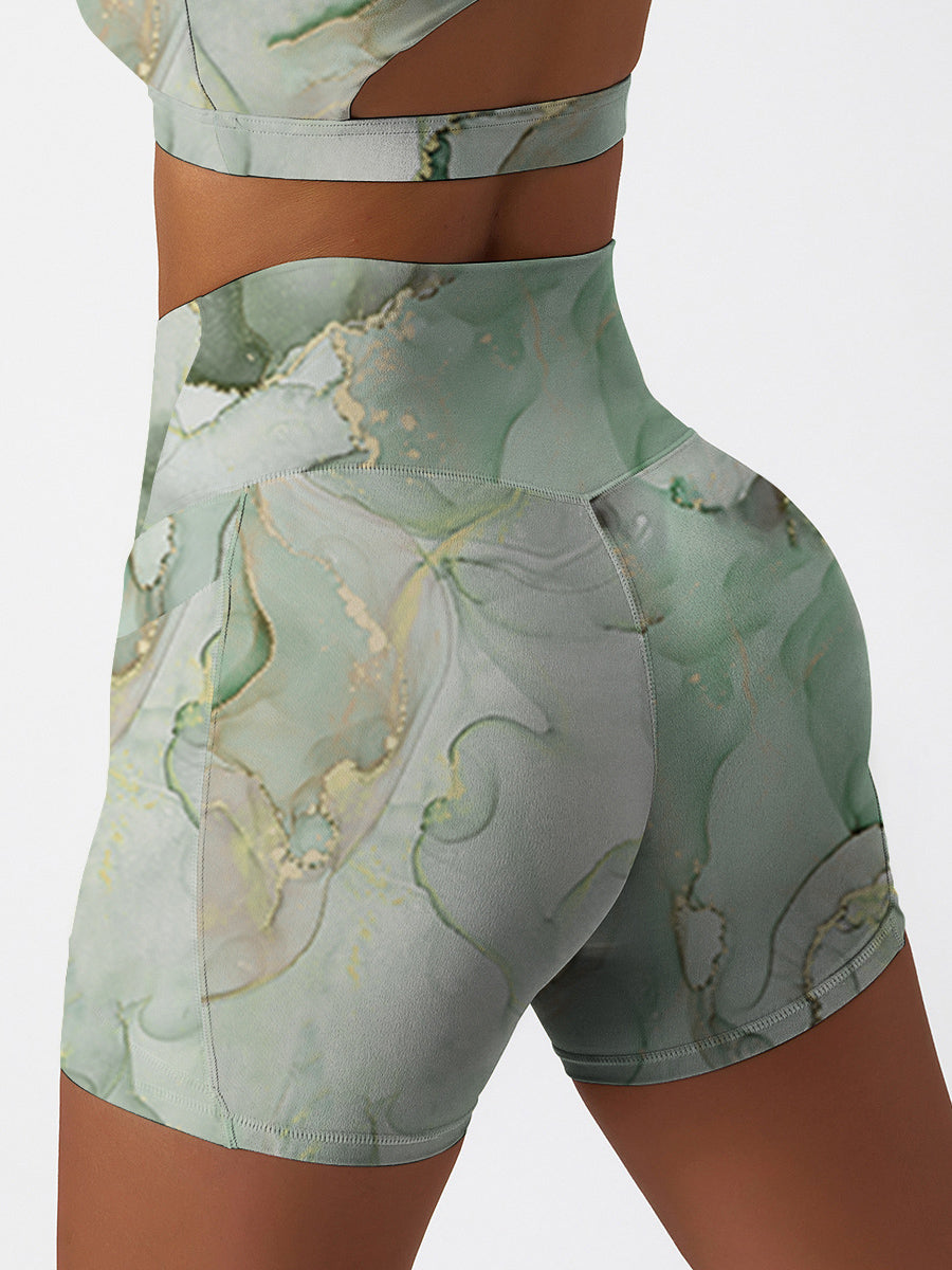 Gilt water ripple gold green marble print shorts
