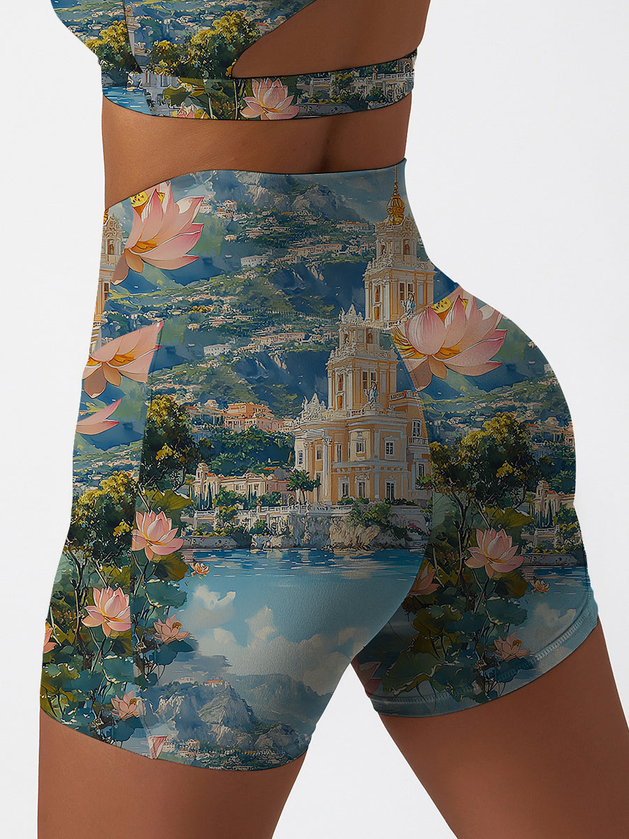 Seaside town flower arrangement oil painting shorts