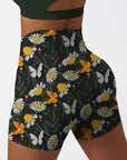 Engraving hand drawn botanical black shorts