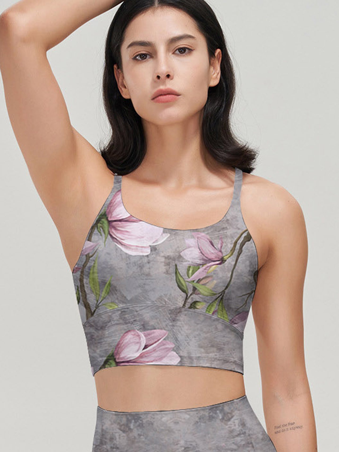 Flower pink magnolia branch grey yoga tank tops