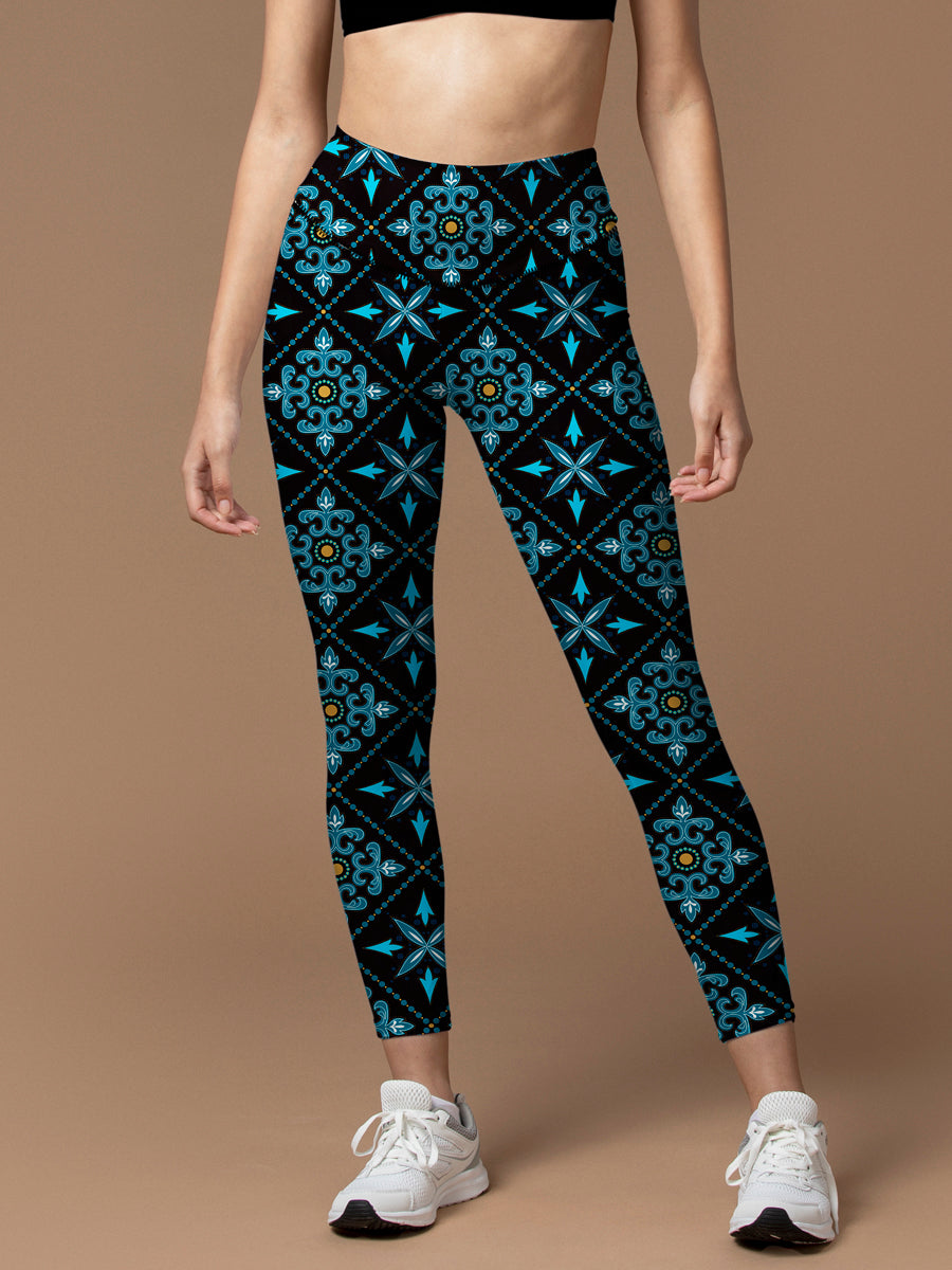 Vintage turquoise and yellow oriental pattern leggings