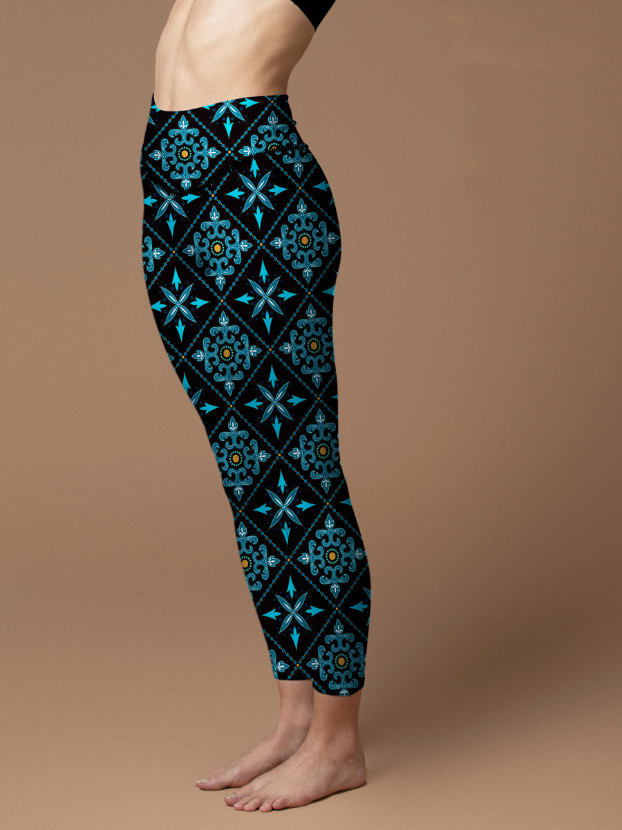 Vintage turquoise and yellow oriental pattern leggings