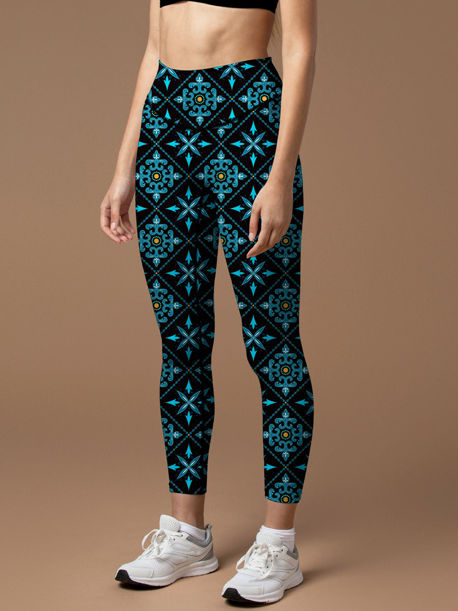 Vintage turquoise and yellow oriental pattern leggings