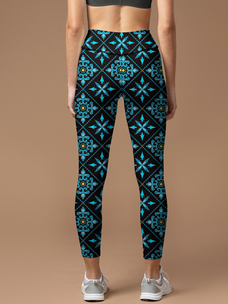 Vintage turquoise and yellow oriental pattern leggings